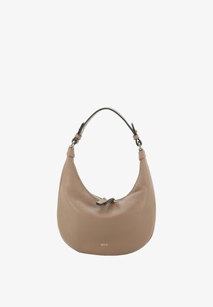 Beige leather handbag with a curved shape and a short adjustable handle, featuring a small "abro" logo near the bottom center.