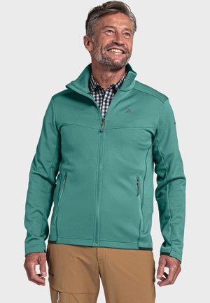 Grüne Fleecejacke mit Reißverschluss vorne, hohem Kragen, strukturiertem Material und zwei seitlichen Taschen. Mit einem kleinen Logo auf der Brust.