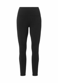Schwarze Leggings aus elastischem Stoff, mit einem hohen Bund, schlanker Silhouette und glatter Textur. Einfarbig ohne Muster.