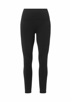 Schwarze Leggings aus elastischem Stoff, mit einem hohen Bund, schlanker Silhouette und glatter Textur. Einfarbig ohne Muster.