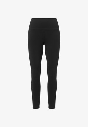 Schwarze Leggings aus elastischem Stoff, mit einem hohen Bund, schlanker Silhouette und glatter Textur. Einfarbig ohne Muster.