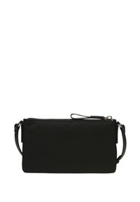 Clutch bag nera in nylon con chiusura a zip, forma rettangolare sottile, tracolla removibile e texture liscia. Design semplice senza motivi visibili.