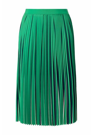 Grøn og marineblå plisseret midi-nederdel med tætsiddende taljebånd, der skaber skiftevis lodrette striber og tekstur.