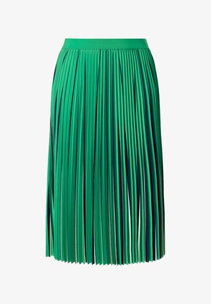 Zielona i granatowa plisowana spódnica midi z dopasowanym paskiem w talii, tworząca naprzemienne pionowe pasy i teksturę.