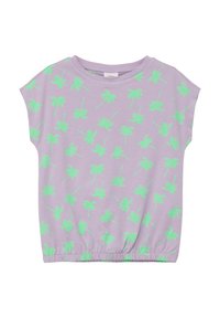 Paarse kortwerp T-shirt met een herhalend patroon van groene palmbomen, een prettige onderste zoom en van zachte katoen.