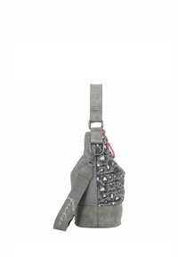Borsa a spalla grigia caratterizzata da un tessuto a motivi con forme astratte. Texture morbida, tracolla regolabile e accenti a contrasto sull'hardware.