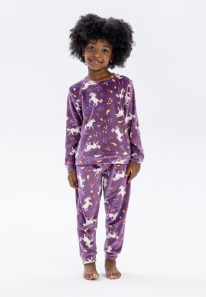 Purple pajama set in soft fabric featuring unicorns, rainbows, and hearts. Long-sleeve top and elastic waistband pants with cuffed ankles.