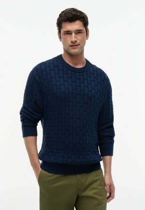 Hombre con cabello oscuro que lleva un jersey texturizado azul marino y pantalones verde oliva sobre un fondo blanco liso.