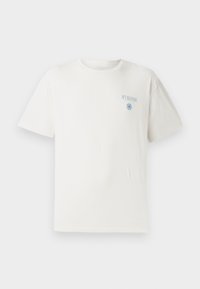 Witte katoenen t-shirt met ronde hals, korte mouwen en een blauwe "MYKONOS" grafiek op de linkerborst, met een cirkelvormig designelement.