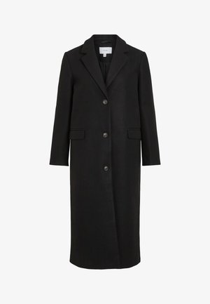 Fekete gyapjú kabát, amelynek testre szabott a dizájnja, mintás gallérral, hosszú ujjakkal, három elülső gombbal és oldalsó zsebekkel rendelkezik. Sima tapintású.