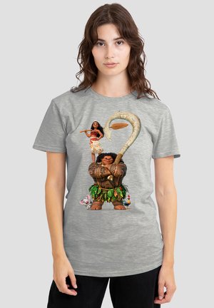 Gray cotton t-shirt featuring characters from a film, including a girl with a flute and a large figure with a detailed green and brown patterned staff.