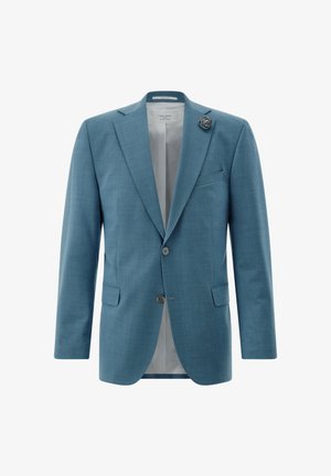 Hellblauer Blazer aus strukturiertem Stoff, mit zwei Knöpfen, einem Revers mit Kerbe und einer dekorativen Rosenbrosche am Revers.