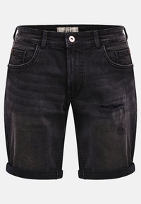 Black denim shorts with rolled hems, front button closure, five pockets, and distressed detailing on the right thigh.