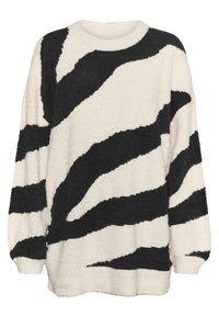 Miękki sweter z okrągłym dekoltem w kolorze kremowym z wyraźnymi czarnymi paskami zebry. Posiada długie rękawy i luźny krój, z teksturowaną powierzchnią.