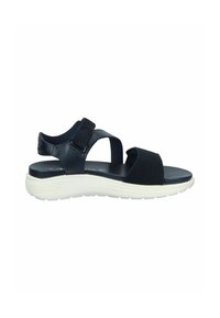 Marineblaue Ledersandalen mit verstellbaren Riemen und einer gepolsterten Sohle. Sie verfügen über eine weiße Gummisohle und ein schlankes, minimalistisches Design.