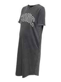 Donkergrijze zwangerschaps T-shirtjurk met korte mouwen en witte tekst "SONIC". Heeft opgerolde mouwen en een ontspannen pasvorm voor comfort.