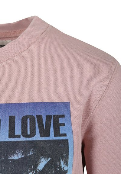 Roze katoenen sweatshirt met ronde hals, voorzien van een graphic print met de tekst "LOVE" en een blauwe gradient achtergrond. Korte geribbelde halsafwerking.