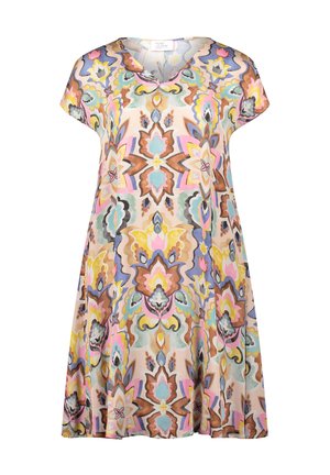 Short-sleeve dress in lightweight fabric featuring a colorful geometric floral pattern with a V-neck and loose A-line silhouette.