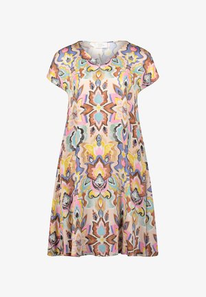 Short-sleeve dress in lightweight fabric featuring a colorful geometric floral pattern with a V-neck and loose A-line silhouette.