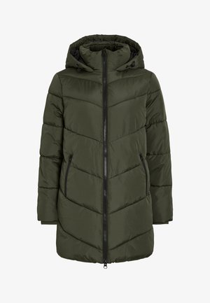 Giacca puffer verde oliva con cappuccio, caratterizzata da una chiusura con zip frontale, tasche laterali e cuciture a chevron per texture e isolamento.