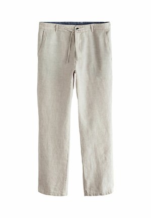 Pantalones de lino color beige claro con un corte relajado, que cuentan con dos bolsillos frontales, una cintura con cordón y una textura sutil.