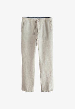 Világos bézs vászon nadrág laza szabással, két elülső zsebbel, húzózsinóros derékkal és finom textúrával.