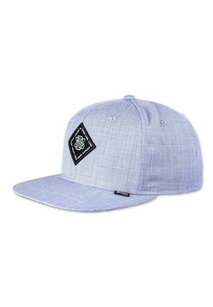 Light blue snapback cap with a structured design, featuring a diamond-shaped black patch on the front and textured fabric.