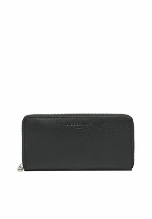 Cartera de cuero negro con cremallera, superficie texturizada y nombre de la marca sutilmente grabado en el centro frontal.