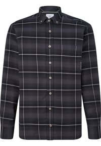 Chemise à carreaux noirs et gris avec un col boutonné, des manches longues et des fermetures à boutons, présentant des lignes blanches subtiles et une poche poitrine.