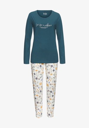 Maglia a maniche lunghe di colore teal con testo bianco sopra pantaloni del pigiama con motivo floreale nei colori bianco, giallo, viola e verde. Materiale morbido in misto cotone.