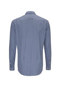 Camicia a maniche lunghe con motivo a quadretti blu scuro e bianco, collo con bottoni e bottoni ai polsini, realizzata in tessuto di cotone dalla texture liscia.