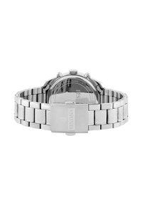 Silberner Edelstahluhren mit einem Gliederarmband, bestehend aus einem polierten Gehäuse und einer strukturierten Oberfläche am Band. Verstellbarer Schnallenverschluss.