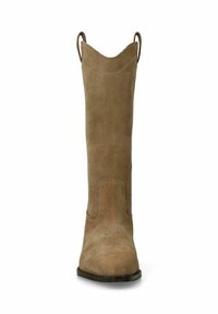 Mid-calf tan suede cowboy boot with pointed toe, stitched detailing, pull tabs on both sides, and a flat dark sole.