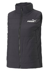 Juoda pūkinė liemenė su aukštu apykakle, priekiniu užtrauktuku ir horizontaliomis siūlėmis. Kairėje pusėje yra balta Puma logotipas.