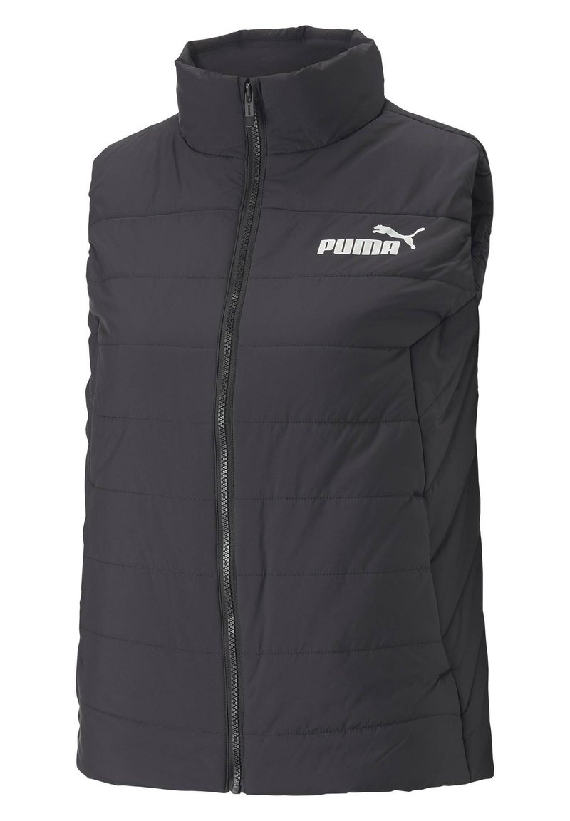 Juoda pūkinė liemenė su aukštu apykakle, priekiniu užtrauktuku ir horizontaliomis siūlėmis. Kairėje pusėje yra balta Puma logotipas.