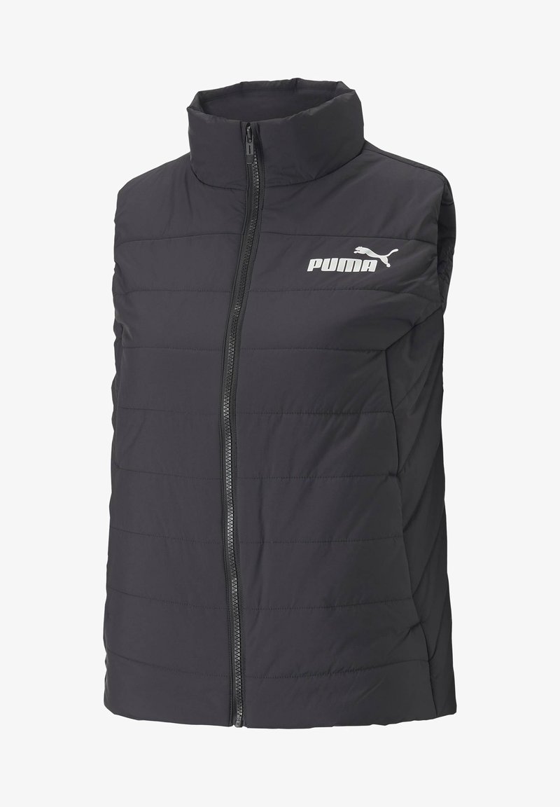 Black puffer vest with high collar, front zipper, and horizontal stitching. Features a white Puma logo on the left side.
