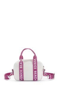 White mesh bag with pink straps labeled "VENICE BEACH." Features a rectangular shape, rounded handles, and a detachable shoulder strap.