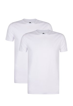 Zwei schlichte weiße T-Shirts aus Baumwolle, mit kurzen Ärmeln, Rundhalsausschnitt und regulärer Passform, ohne Muster oder Akzente.