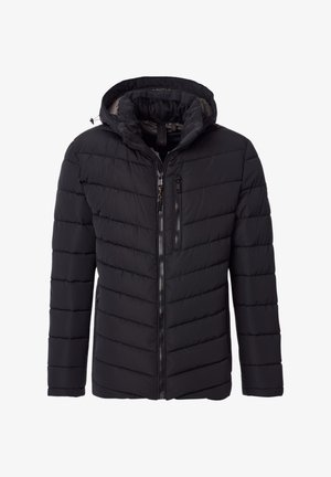 Czarna kurtka puchowa z kapturem, z poziomym pikowaniem, zapięciem na zamek z przodu oraz dwoma bocznymi kieszeniami. Miękka, gładka tekstura.