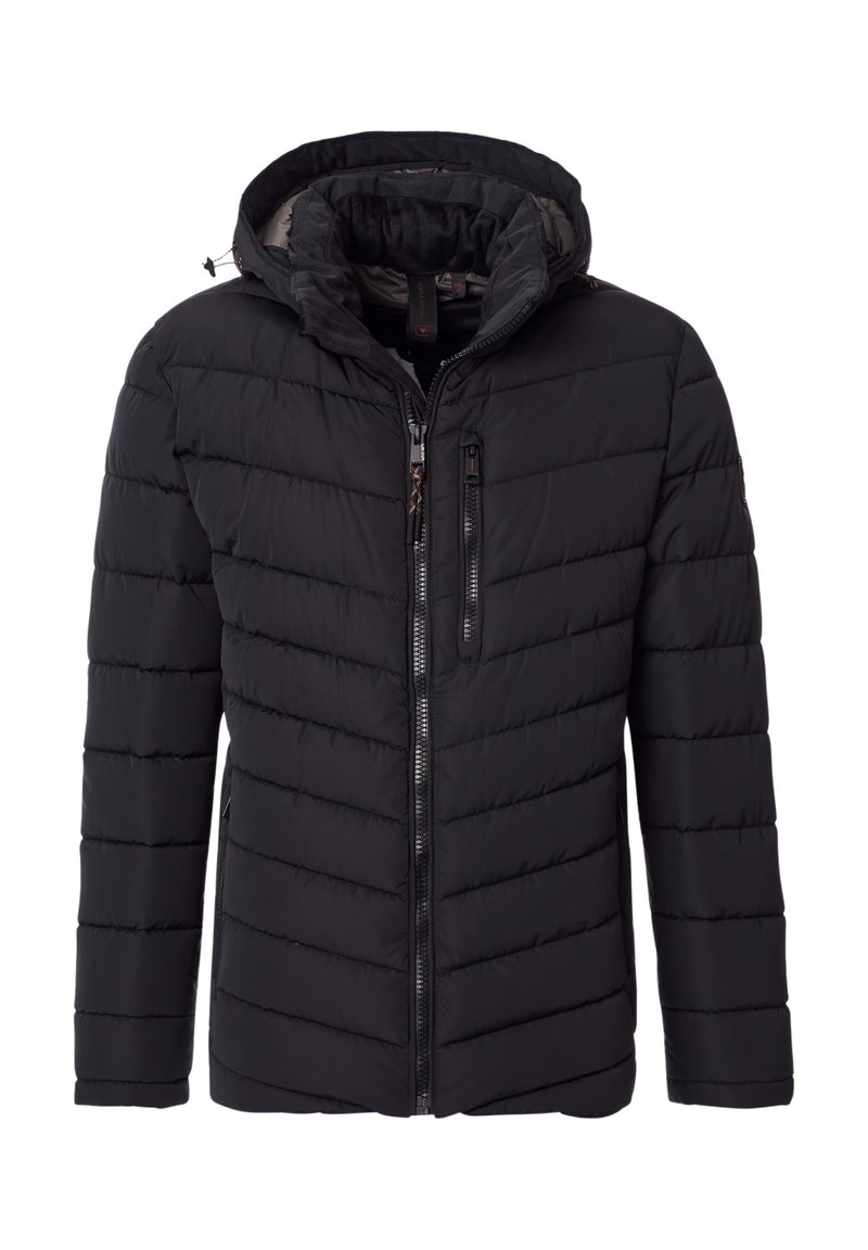 Giacca a vento nera con cappuccio, caratterizzata da un design a righe orizzontali, zip frontale e due tasche laterali. Texture morbida e liscia.