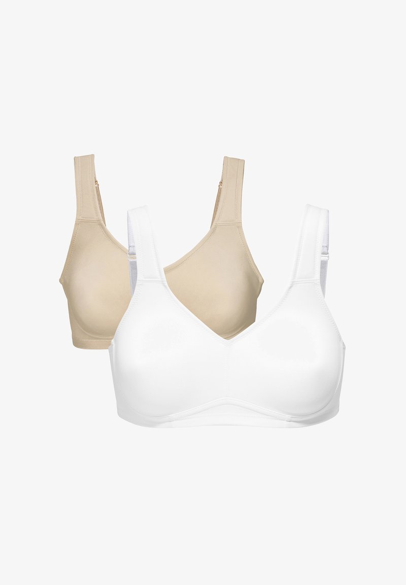 Kaksi V-muotoista rintaliiveä. Toinen on beige, toinen valkoinen. Valmistettu sileästä kankaasta, jossa on leveät hihnat ja vähäiset ompeluaukot.