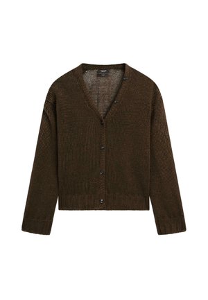 Brauner Strickcardigan mit V-Ausschnitt, langen Ärmeln und Knopfverschluss an der Vorderseite. Strukturiertem Stoff mit verkürzter Länge.