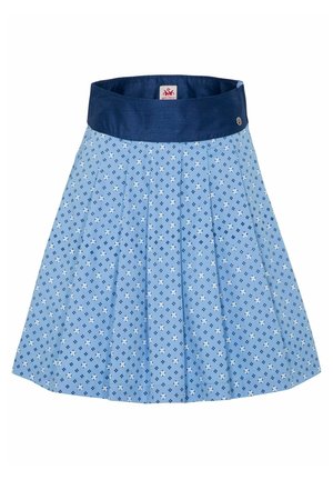 Blue pleated skirt with a dark blue waistband, featuring a floral pattern in white and darker blue on a light blue background. Soft fabric.