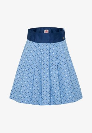 Blauer Faltenrock mit einem dunkelblauen Bund, verziert mit einem floralen Muster in Weiß und dunklerem Blau auf einem hellblauen Hintergrund. Weicher Stoff.