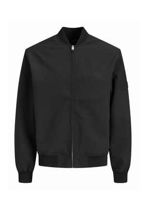 Chaqueta bomber negra con cremallera frontal, cuello, puños y bajo acanalados, mostrada sobre un fondo blanco.