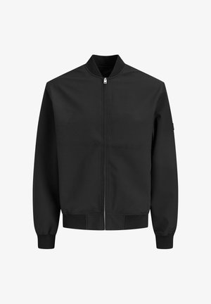 Chaqueta bomber negra con cremallera frontal, cuello, puños y bajo acanalados, mostrada sobre un fondo blanco.