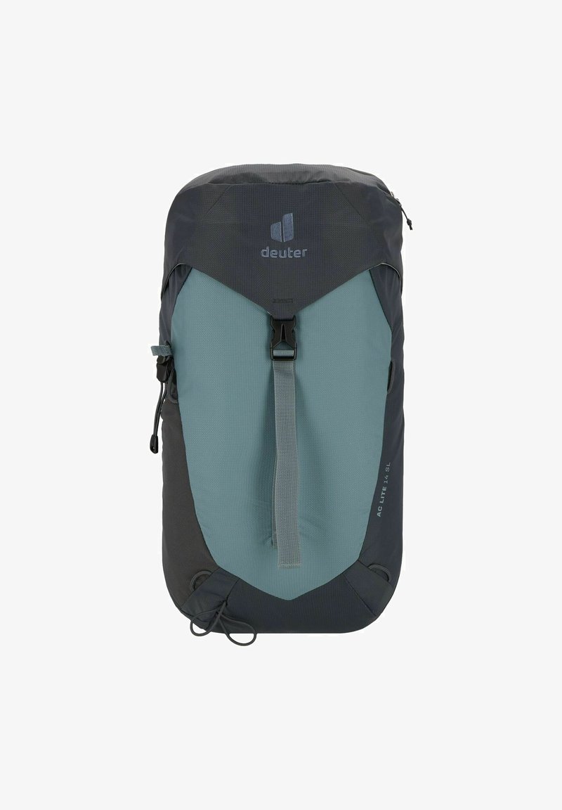 Deuter rugzak in donkergrijs en teal, met een gestroomlijnd ontwerp, verstelbare banden, klittenbandsluiting aan de voorkant en logo bovenaan.
