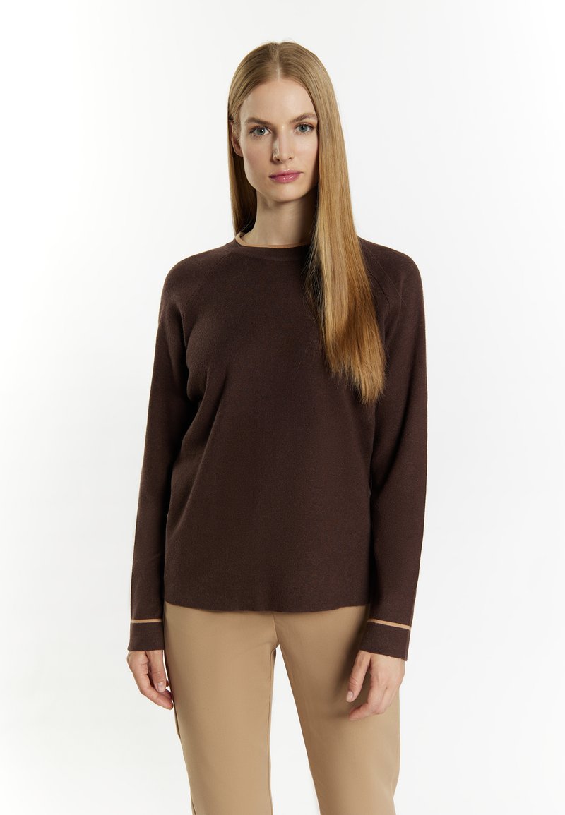 Brauner Strickpullover mit langen Ärmeln, runder Ausschnitt und kontrastierenden beigen Akzenten an den Bündchen. Weicher Stoff, lässige Passform.