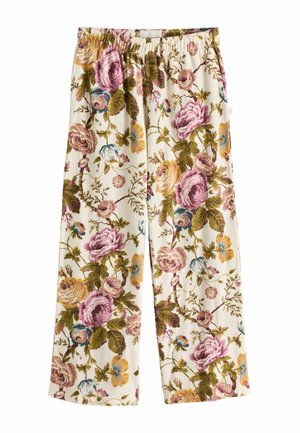 Hose mit weitem Bein und elastischem Bund, mit cremefarbenem Hintergrund und mehrfarbigem Blumenmuster in Rosa, Gelb, Blau und Grün.