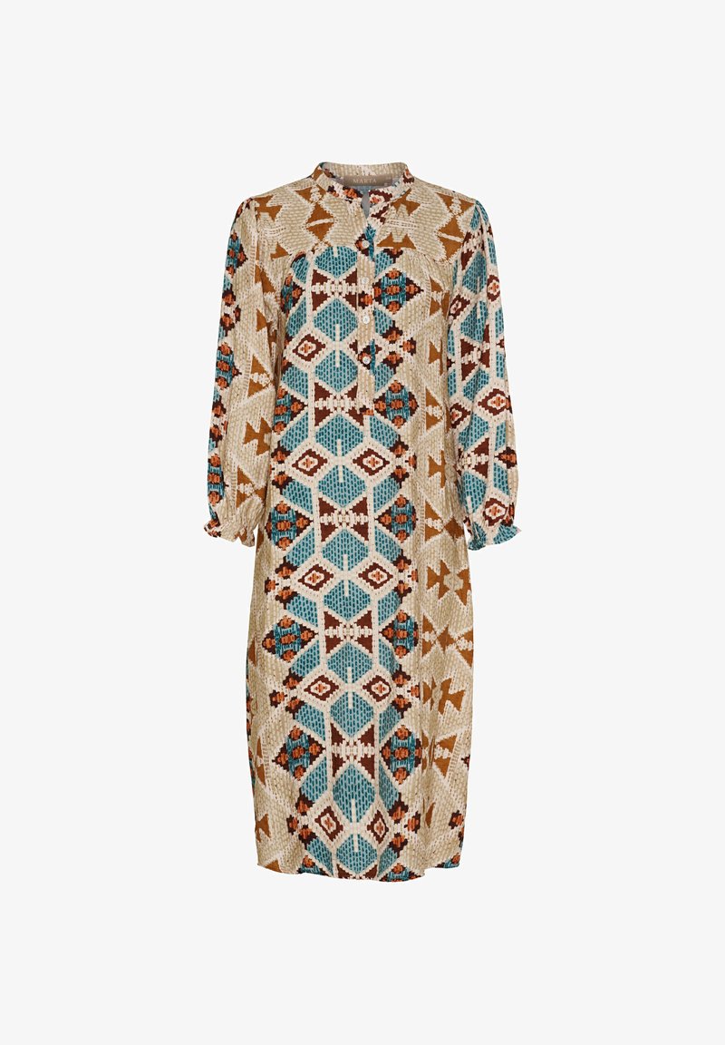 Mønsteret kjole med geometriske former i brun, teal og creme; lange ærmer med indsamlede manchetter; knaplukning ved halsen.